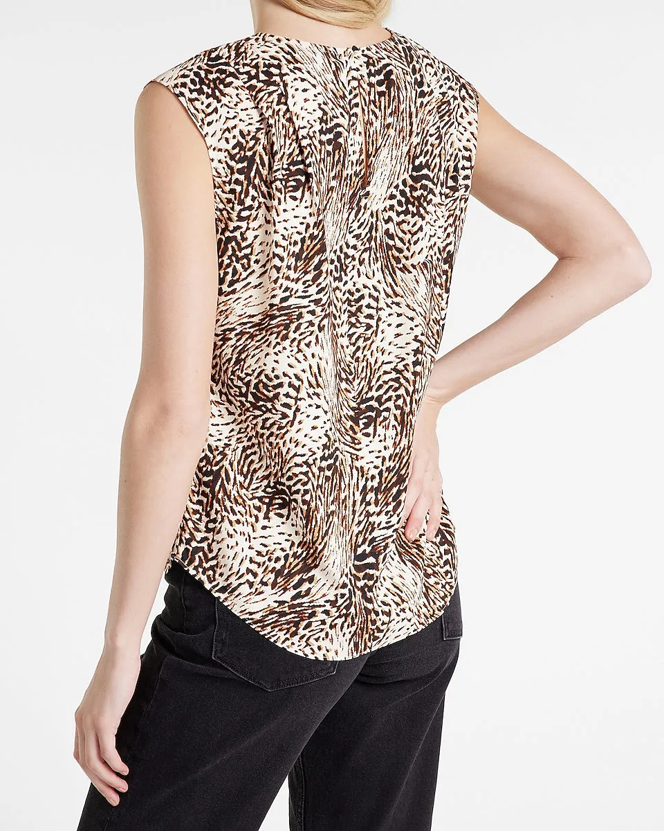 Abstract Print Pleated Shoulder Top in Neutral Print
