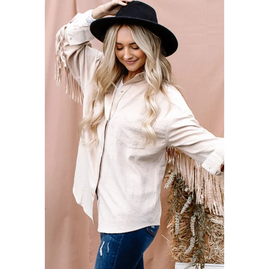 And The Why Full Size Fringe Back Detailed Button Down Shacket