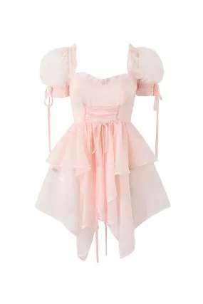 Asymmetric Bow Tie Puff Sleeve Lace Up Organza Summer Ruffle Tiered Mini Dress