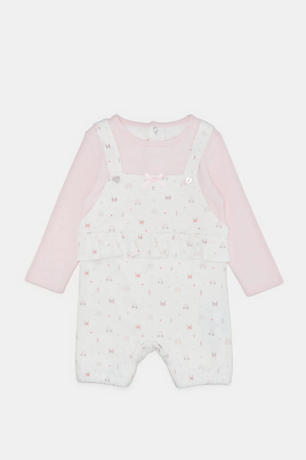 Baby Pink Print T-Shirt And Dungaree Set (2 Piece)