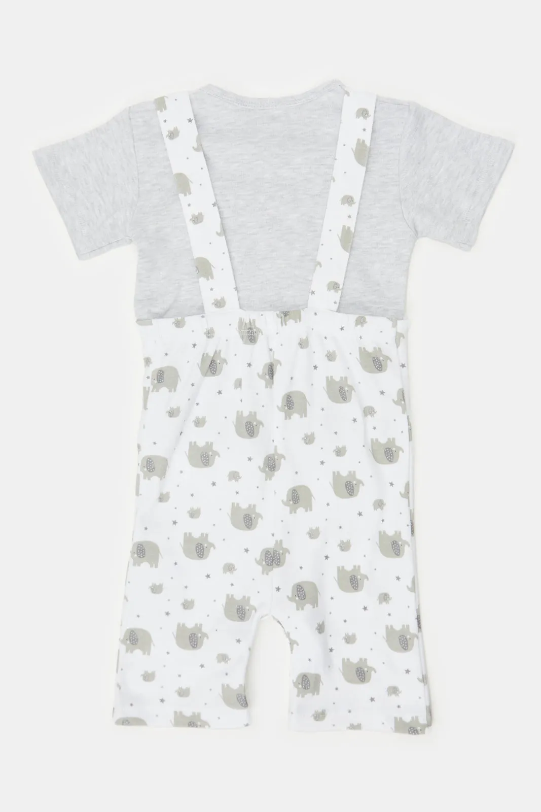 Baby White And Grey Printed T-Shirt And Dungaree Set (2 Piece)