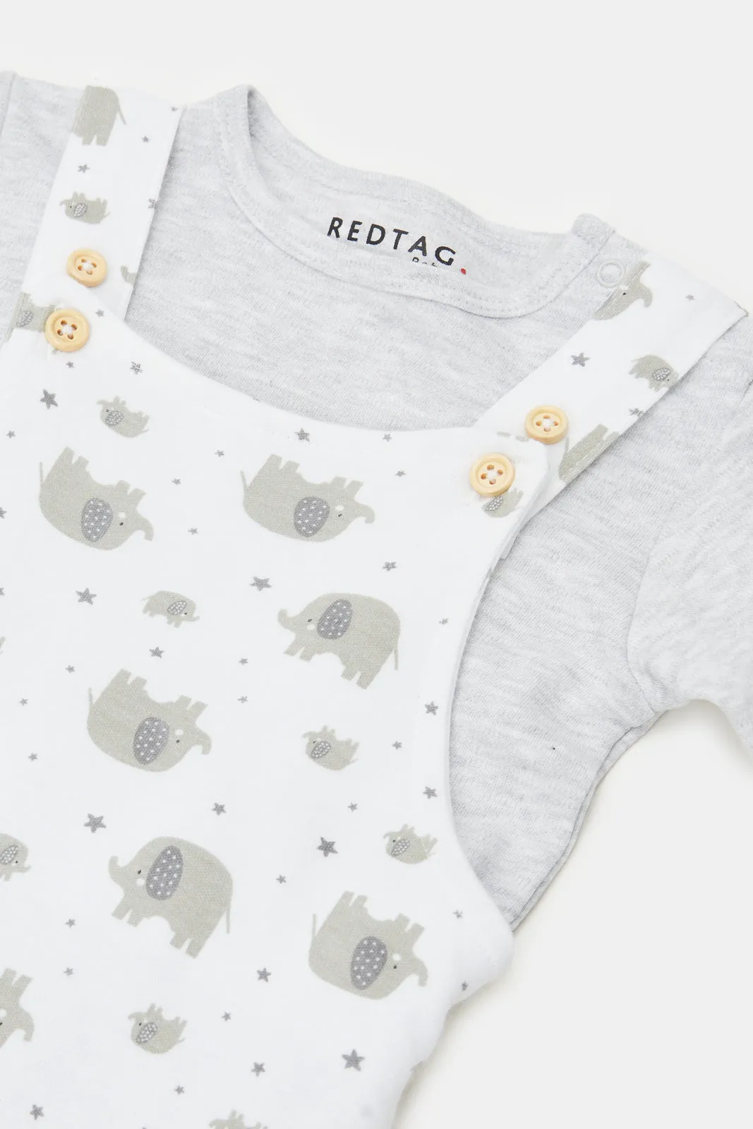 Baby White And Grey Printed T-Shirt And Dungaree Set (2 Piece)
