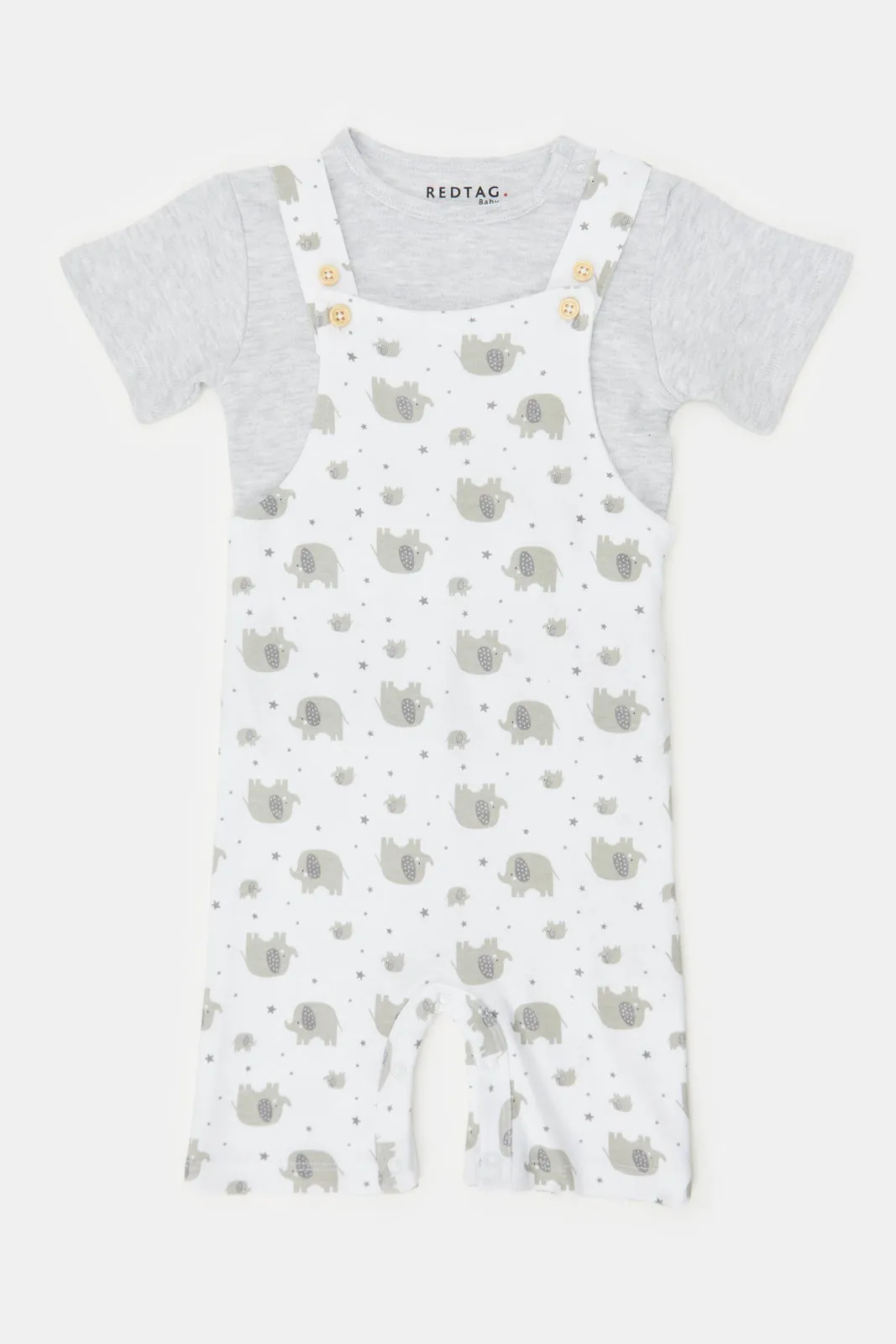 Baby White And Grey Printed T-Shirt And Dungaree Set (2 Piece)