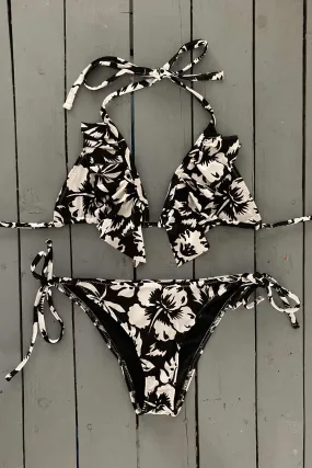 Black and White Triangle Bikini Top w/Ruffle Accent