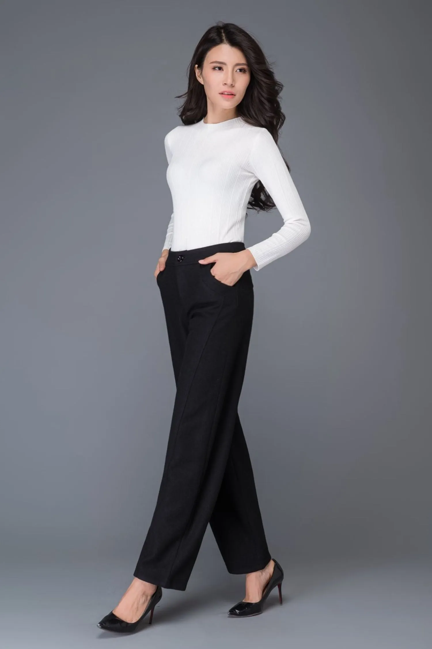 Black loose winter long wool trousers C1016