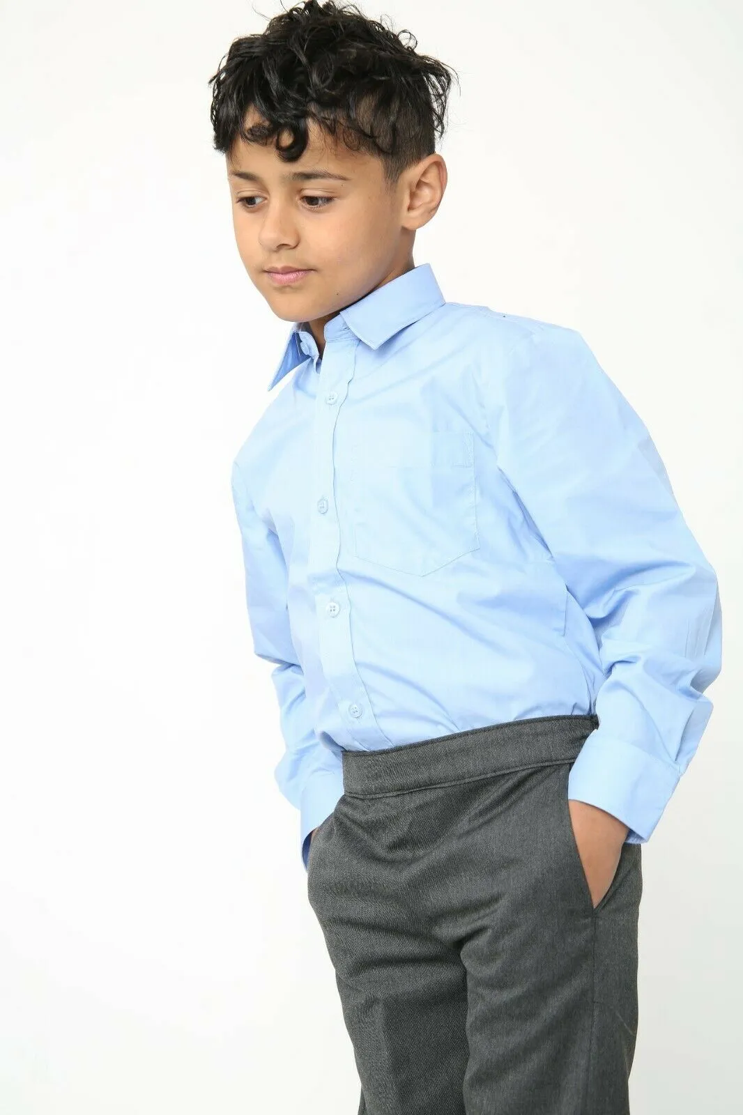 Boys Blue Long Sleeve Shirt Kids School Uniform Polycotton