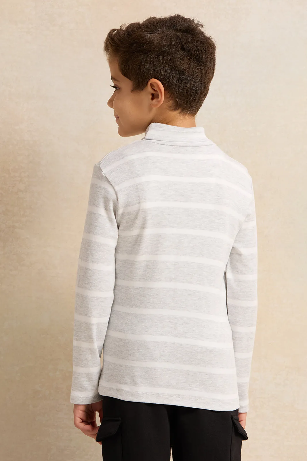 Boys Grey And White Striped High-Neck T-Shirt