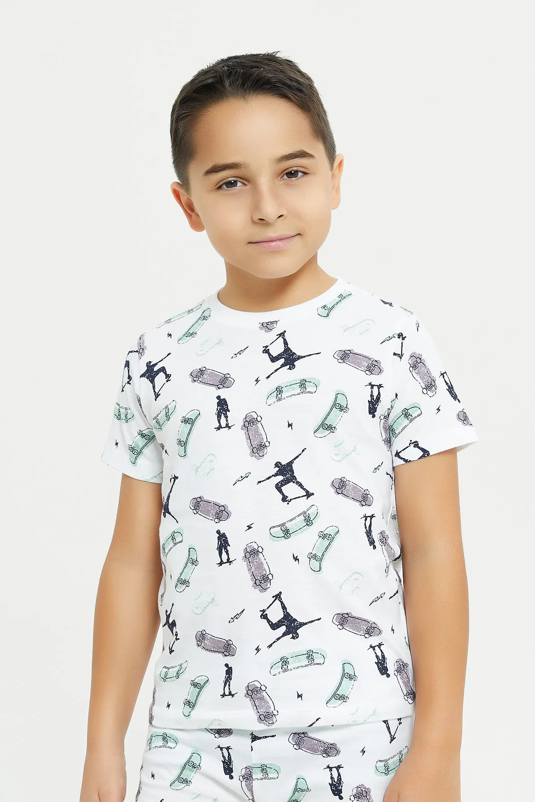 Boys White Skater Print Pyjama Set (2 Piece)