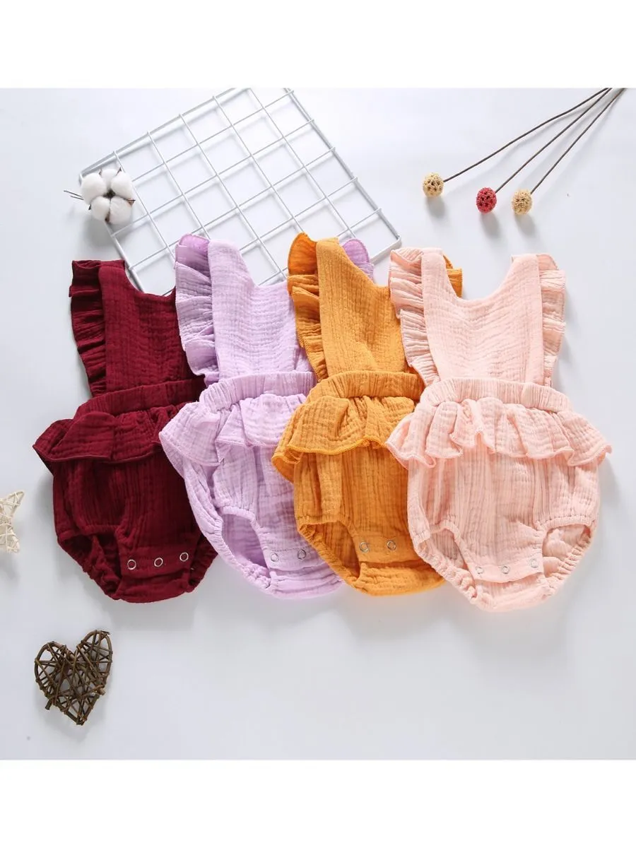 Crinkle Gauze Backless Ruffle Solid Color Bodysuit