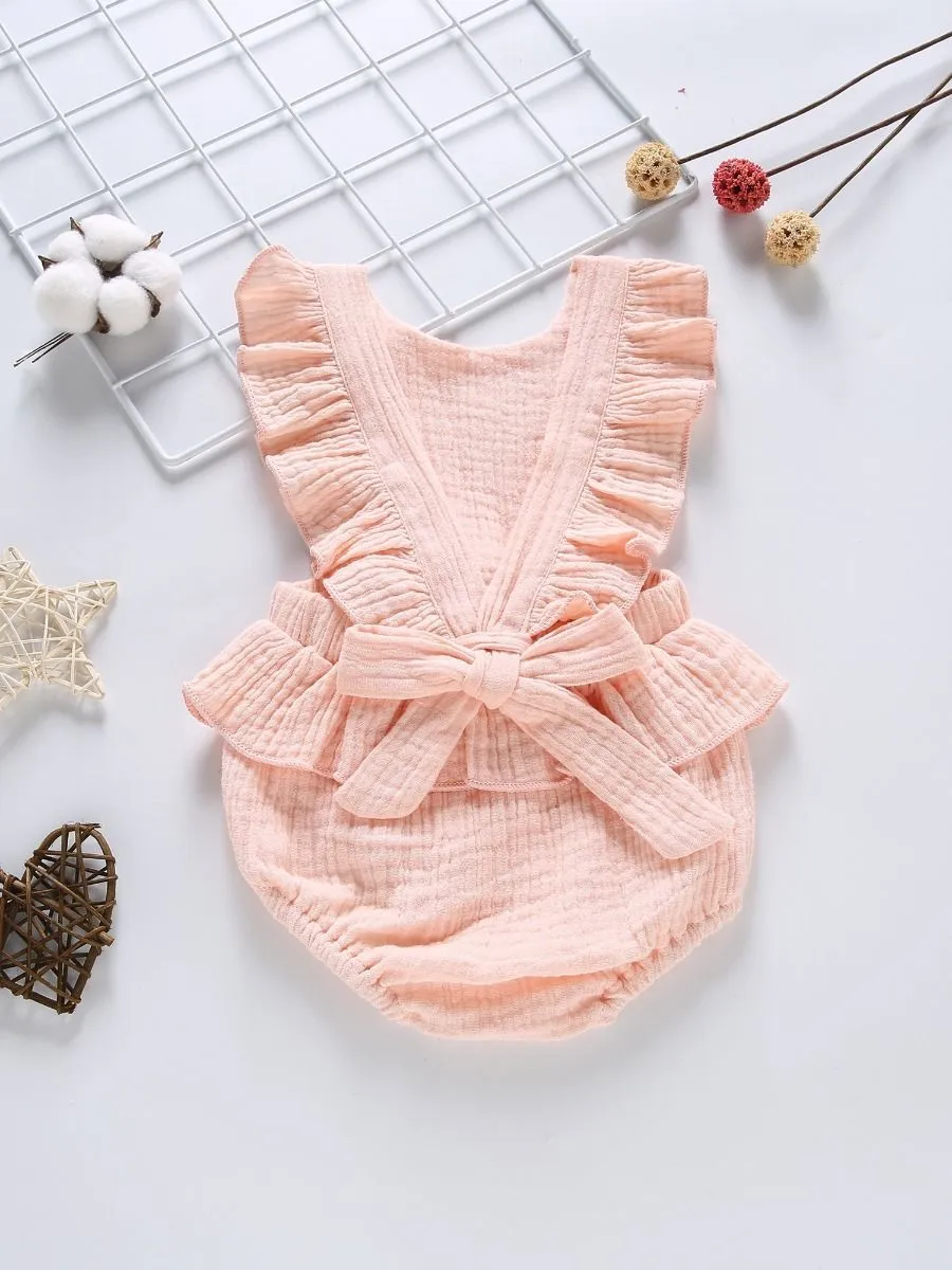 Crinkle Gauze Backless Ruffle Solid Color Bodysuit