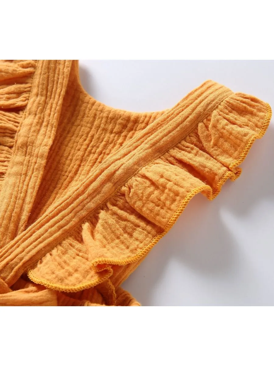 Crinkle Gauze Backless Ruffle Solid Color Bodysuit