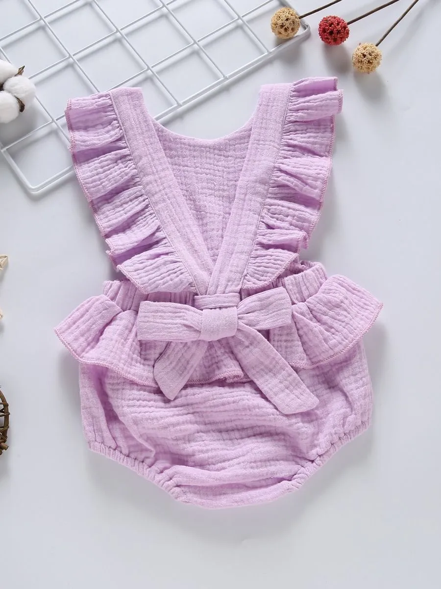 Crinkle Gauze Backless Ruffle Solid Color Bodysuit
