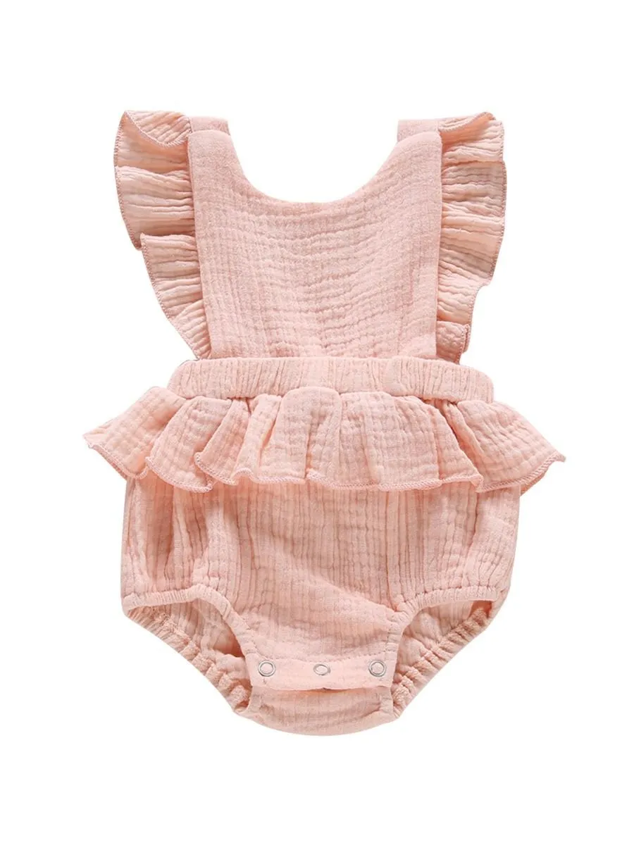 Crinkle Gauze Backless Ruffle Solid Color Bodysuit