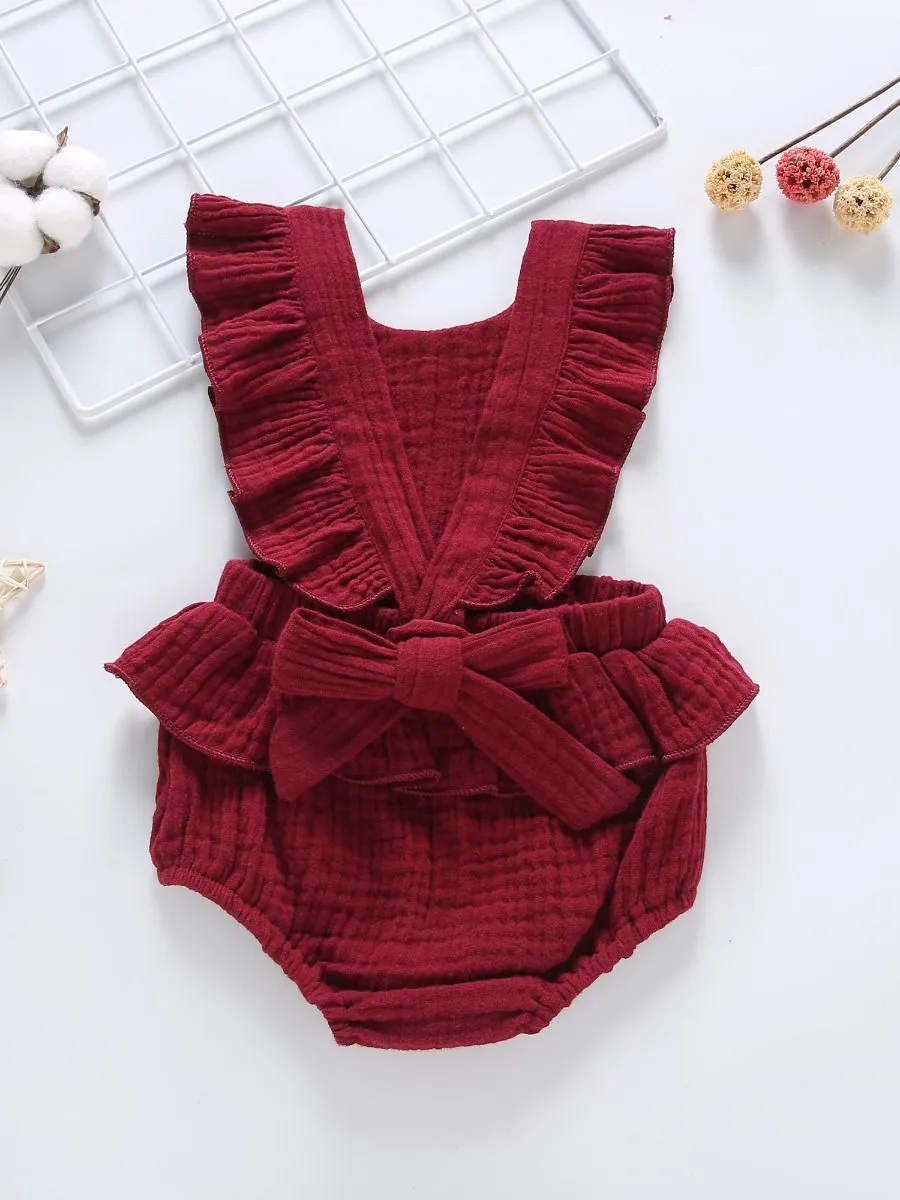 Crinkle Gauze Backless Ruffle Solid Color Bodysuit
