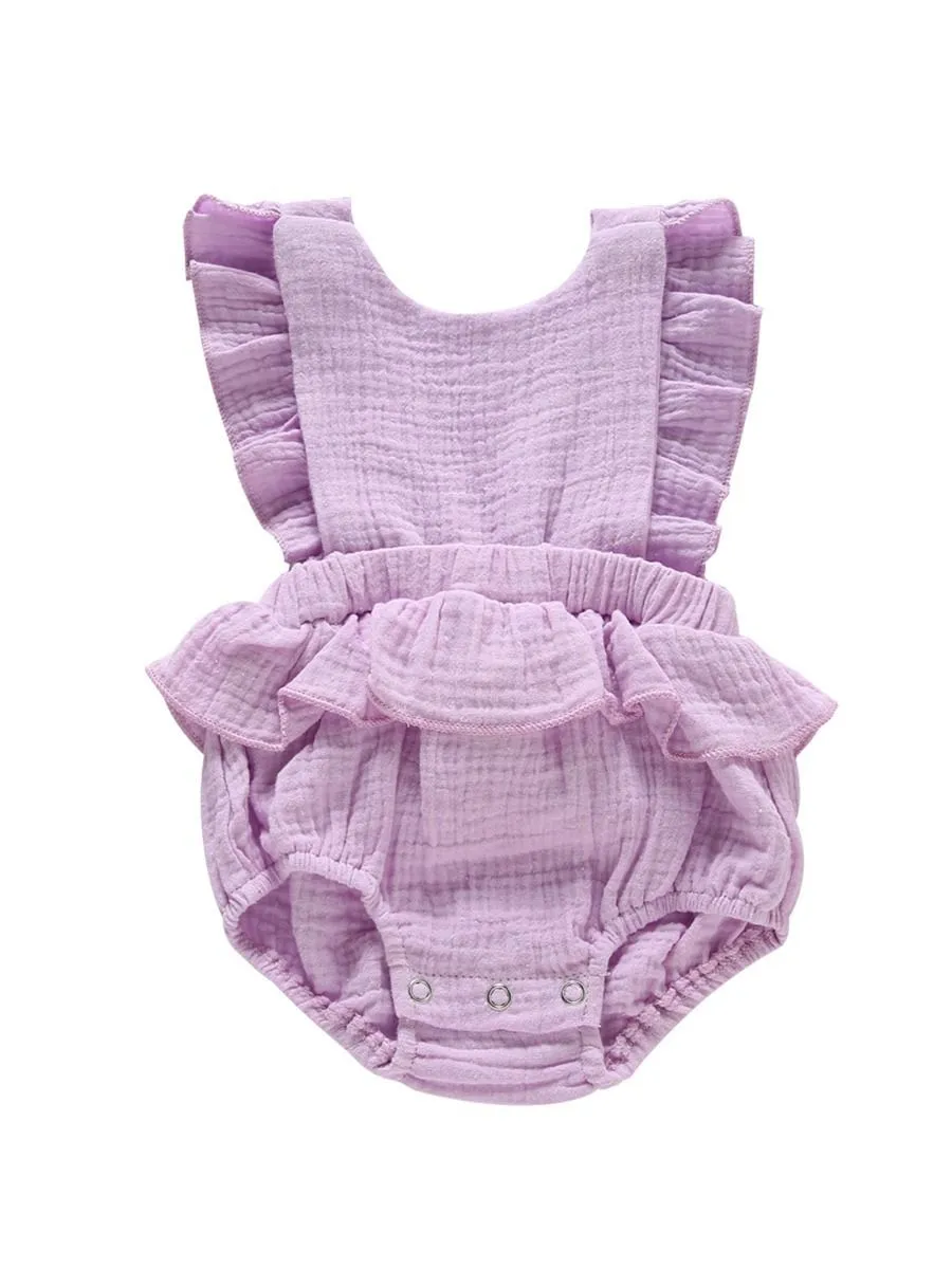 Crinkle Gauze Backless Ruffle Solid Color Bodysuit