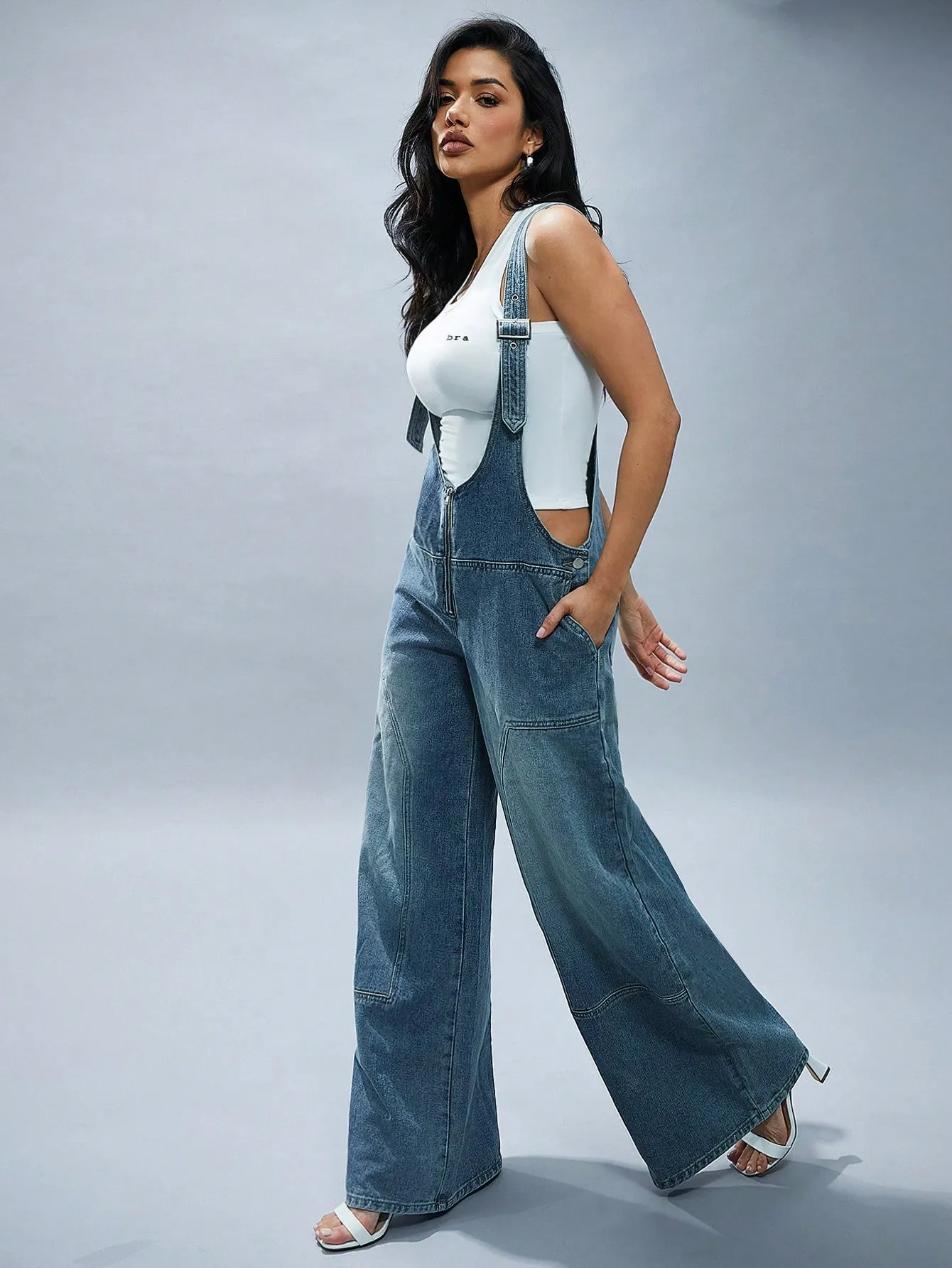 Denim Wide Leg Overall Jumpsuit