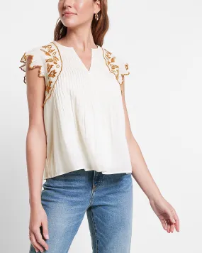 Embroidered Pleated V-Neck Top in Swan