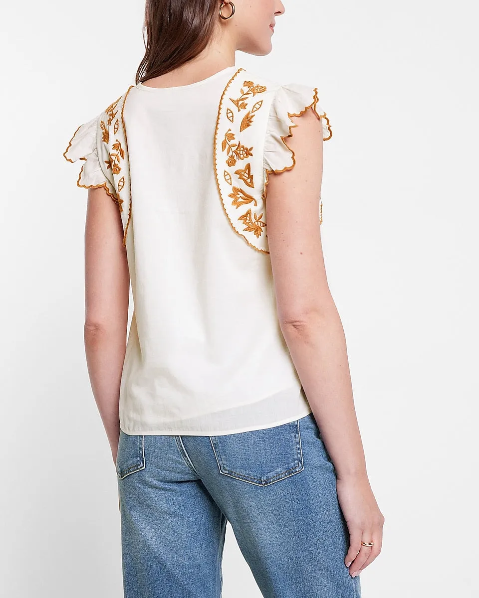 Embroidered Pleated V-Neck Top in Swan