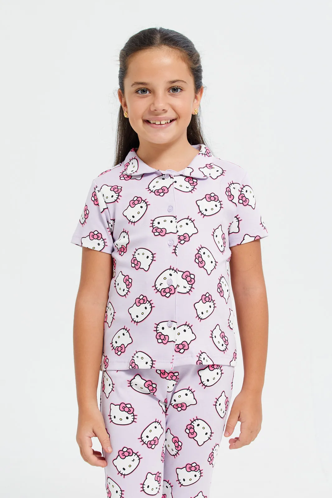 Girls Lilac Hello Kitty Printed Pyjama Set (2 Piece)