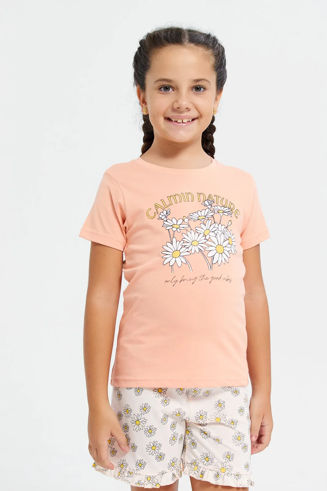 Girls Orange And White Printed Pyjama Set (2 Piece)
