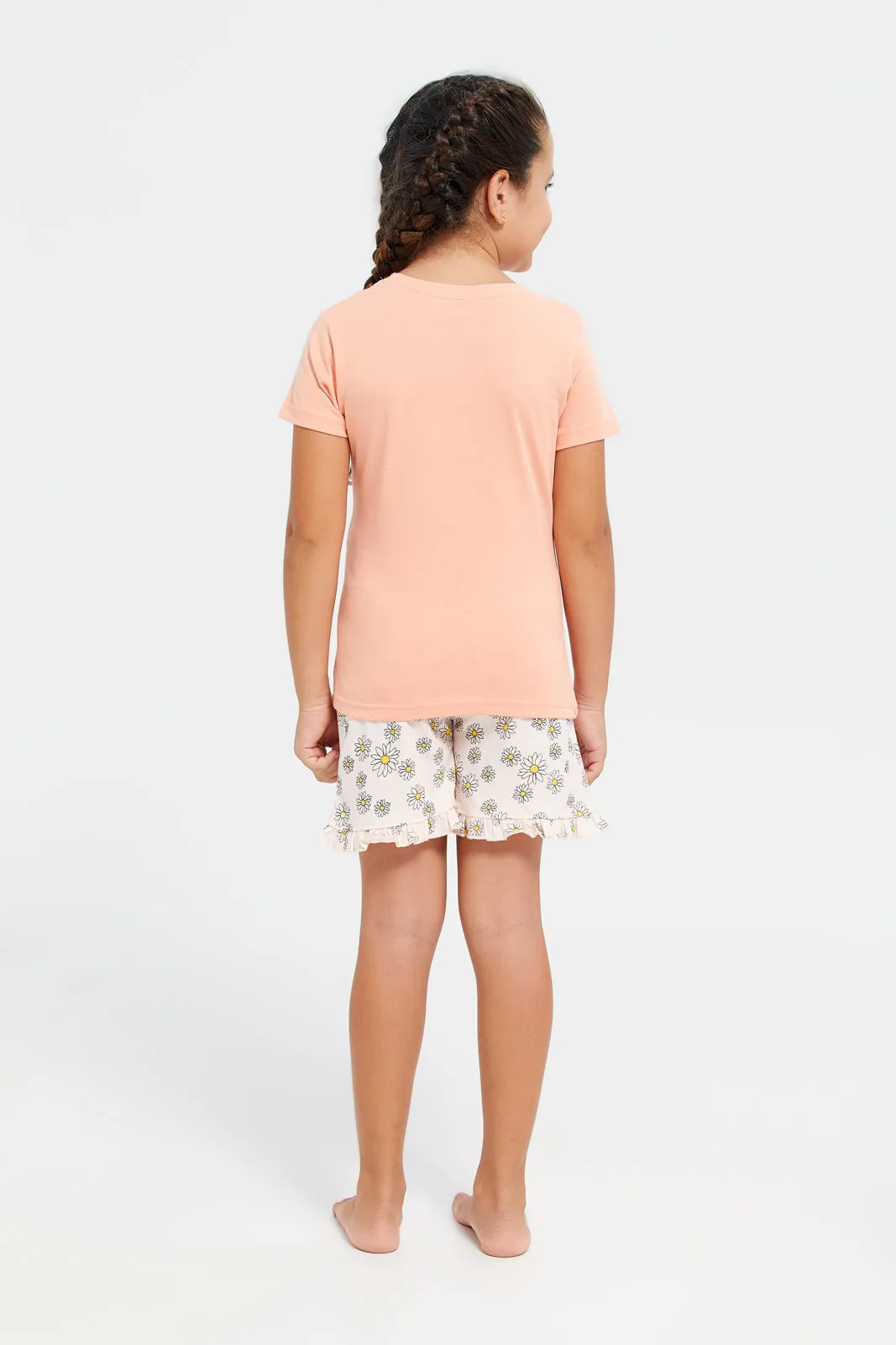 Girls Orange And White Printed Pyjama Set (2 Piece)