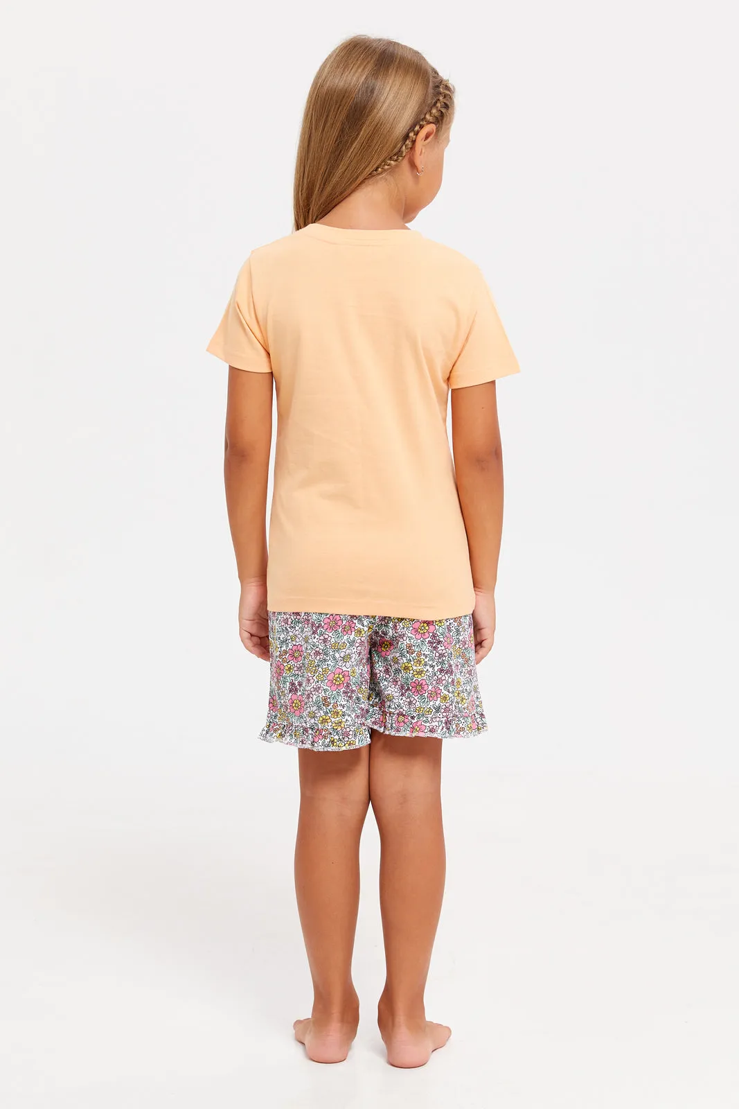 Girls Peach Printed Pyjama Set (2 Piece)