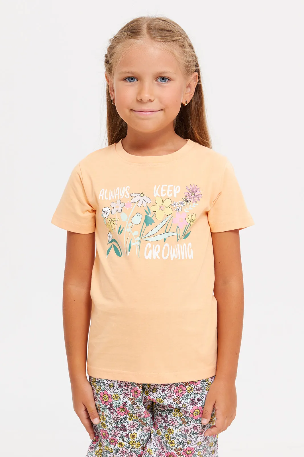 Girls Peach Printed Pyjama Set (2 Piece)