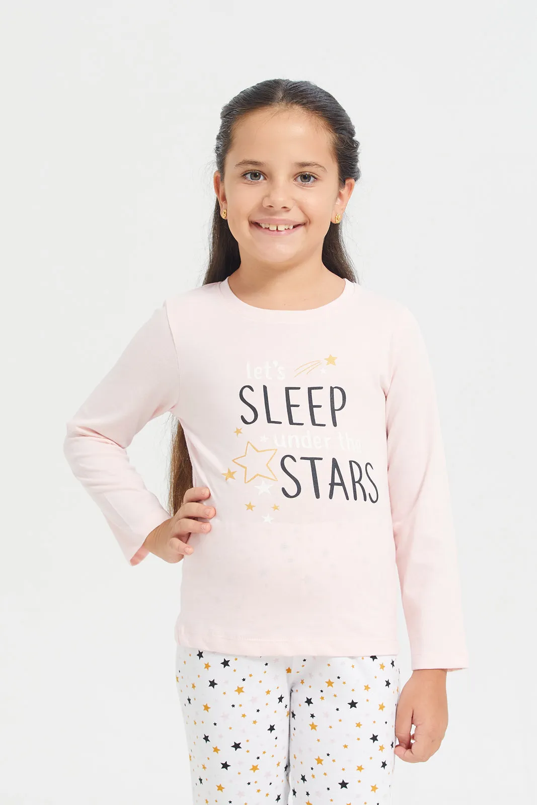 Girls Pink Stars Print Pyjama Set (2 Piece)