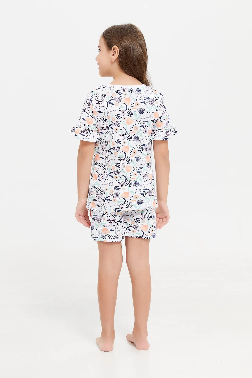 Girls White Printed Pyjama Set (2 Piece)