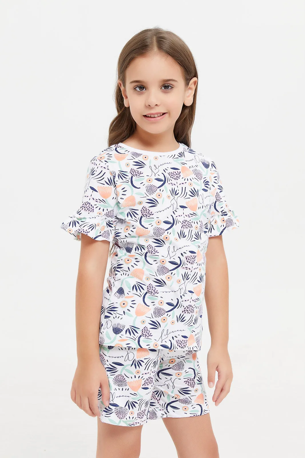 Girls White Printed Pyjama Set (2 Piece)
