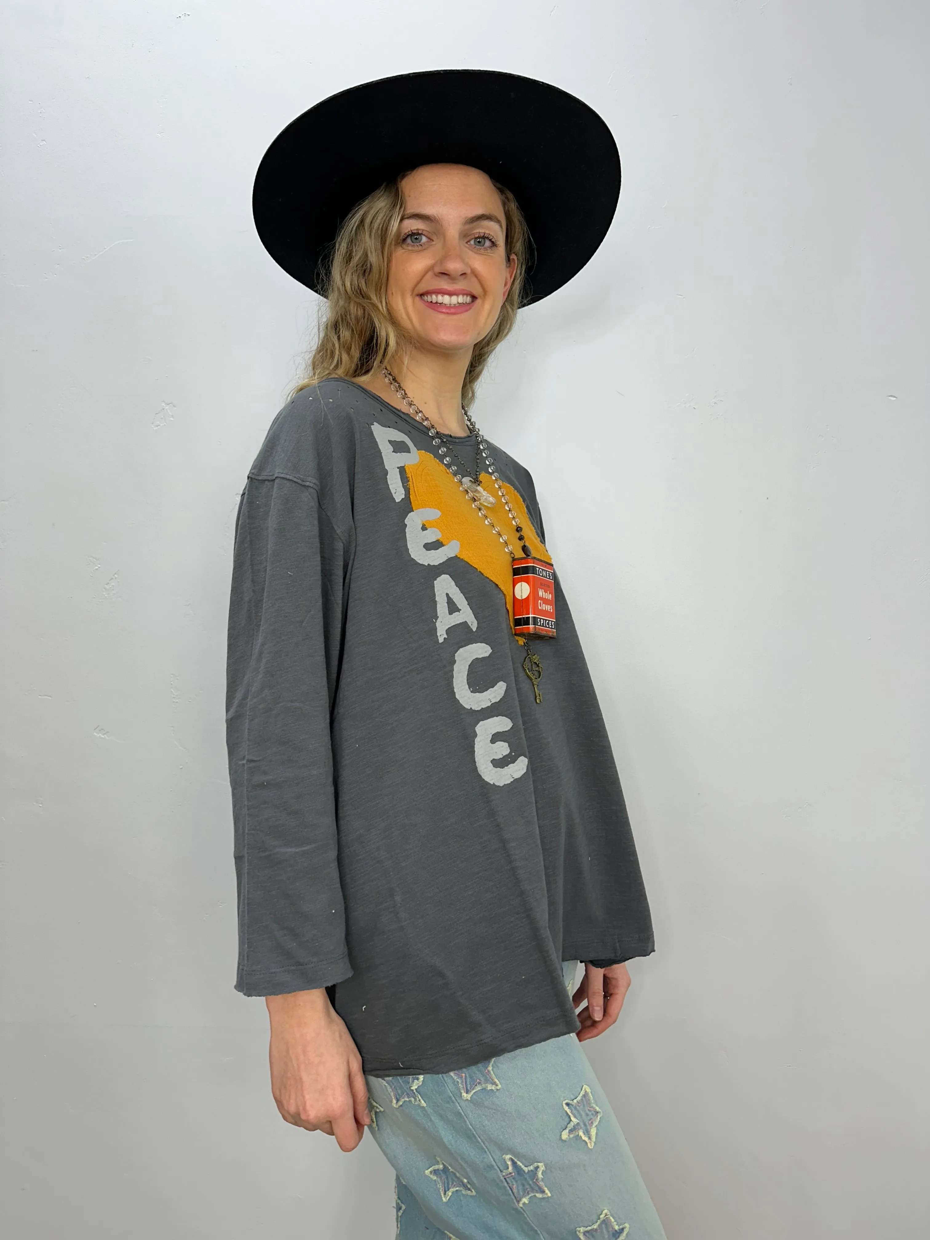 Gray Peace Heart Distressed Tee - One Size