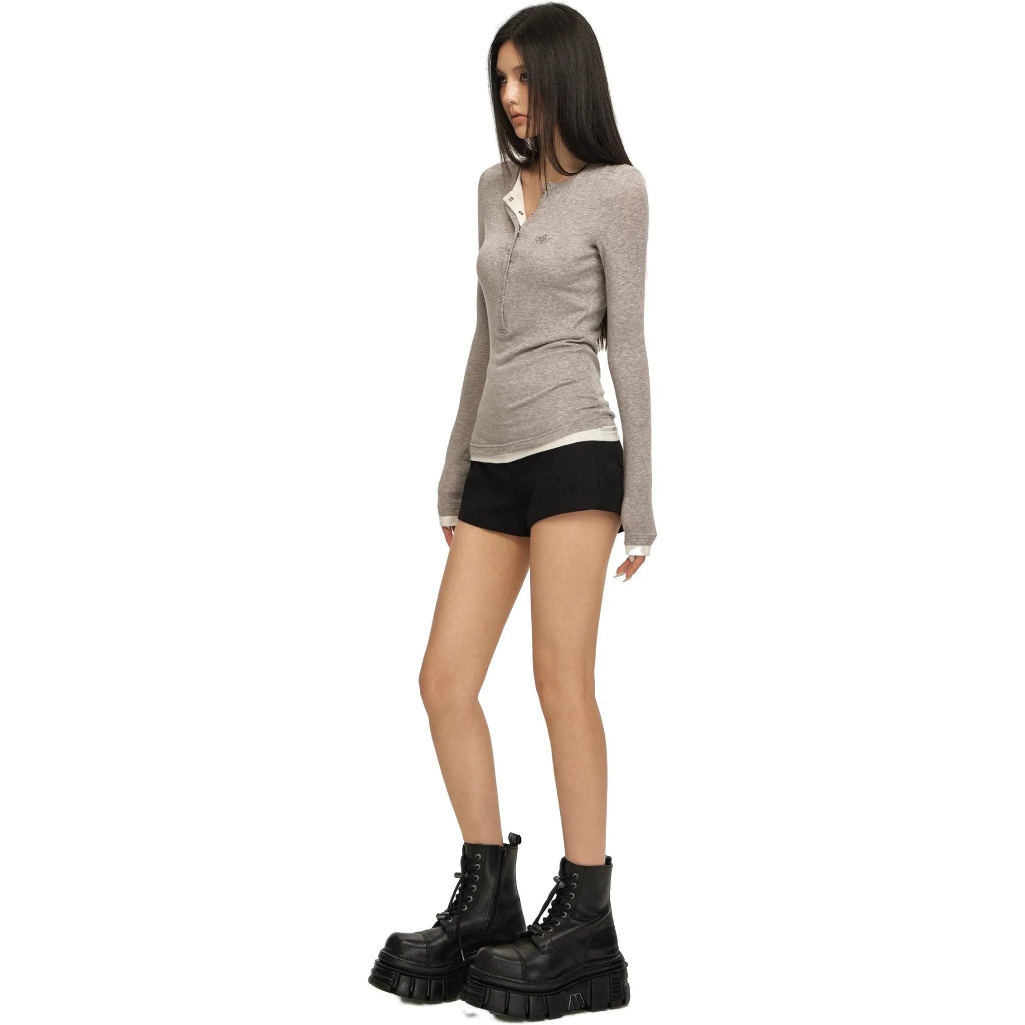 Gray Tencel Wool Henley Collar False Two Piece