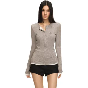 Gray Tencel Wool Henley Collar False Two Piece