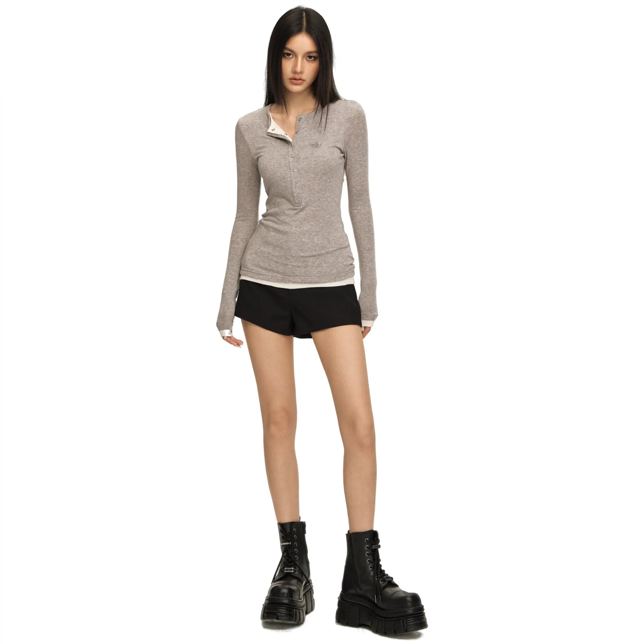 Gray Tencel Wool Henley Collar False Two Piece