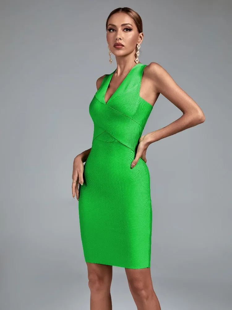 Green Bodycon Dress with Deep V Neck