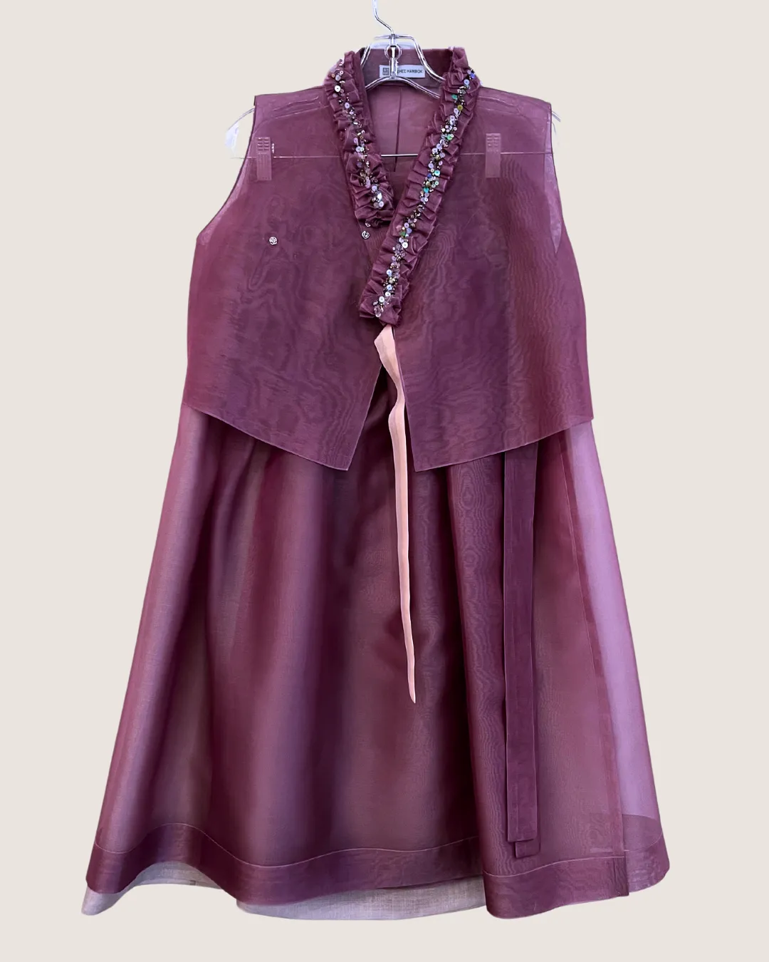 Hand-beaded jeogori with layered pants and skirt