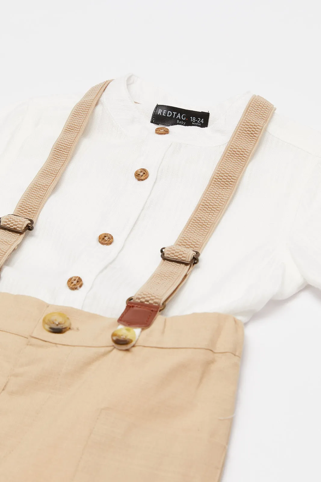 Infant Boys Beige And White Suspender Short Set (2 Piece)