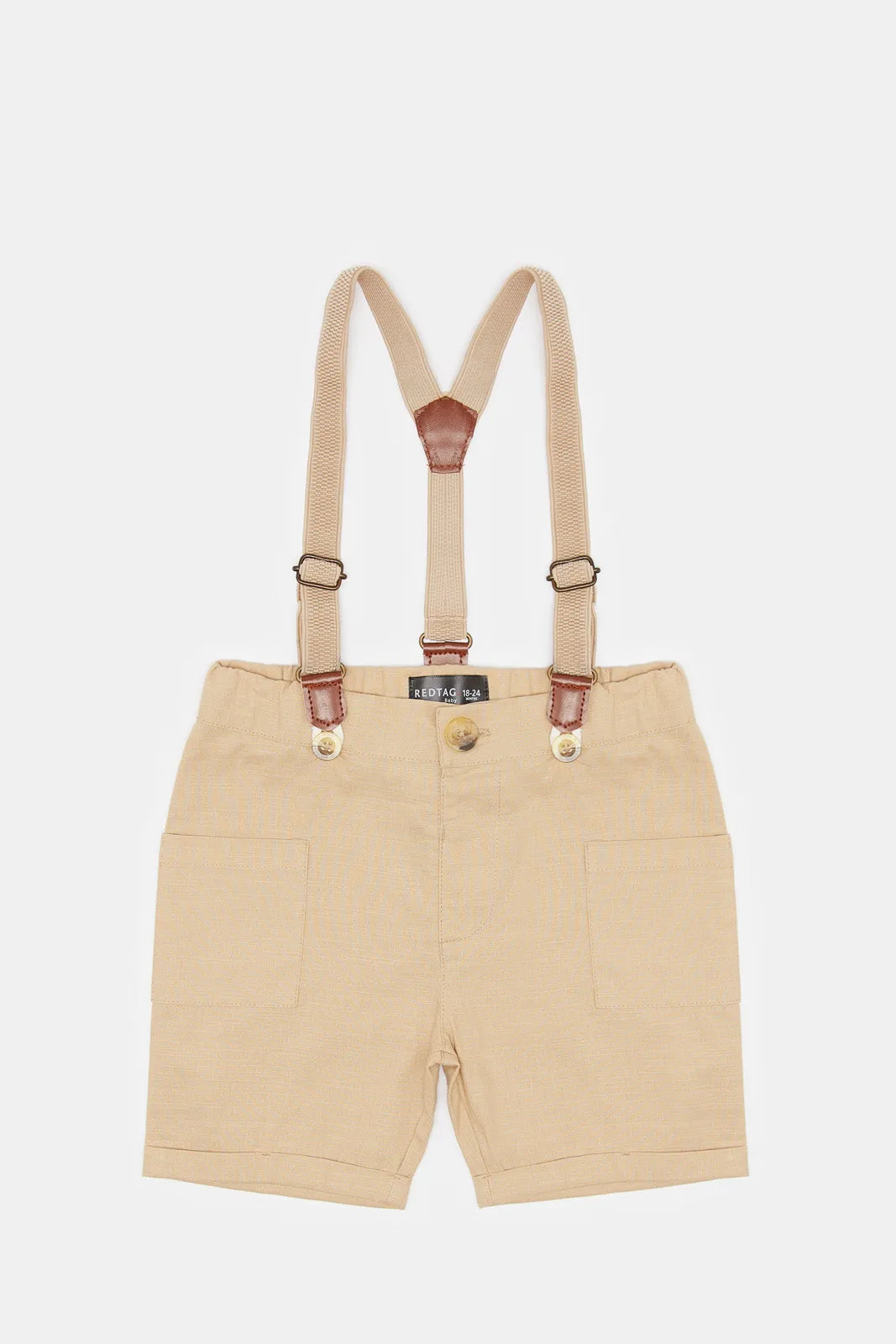 Infant Boys Beige And White Suspender Short Set (2 Piece)