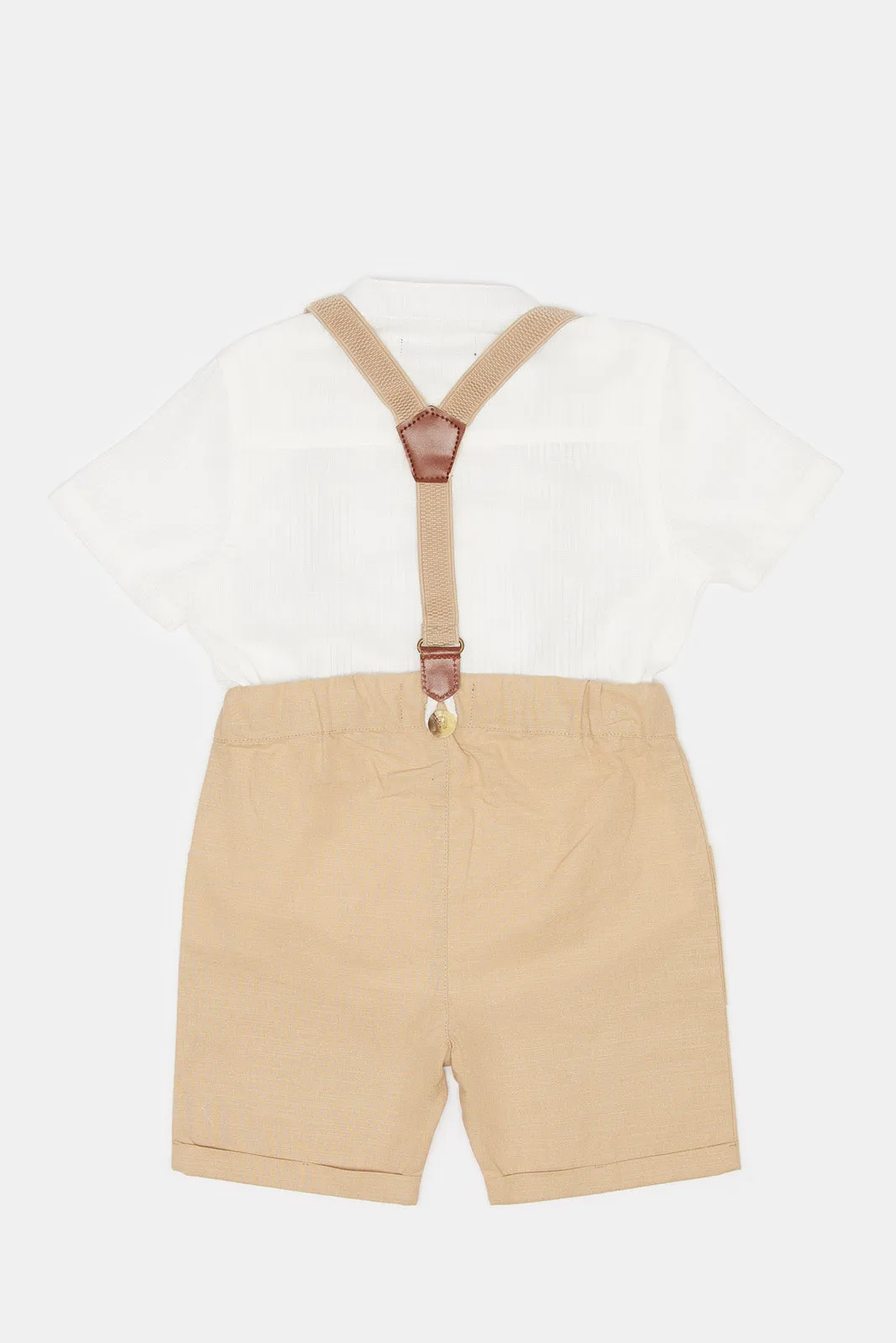 Infant Boys Beige And White Suspender Short Set (2 Piece)