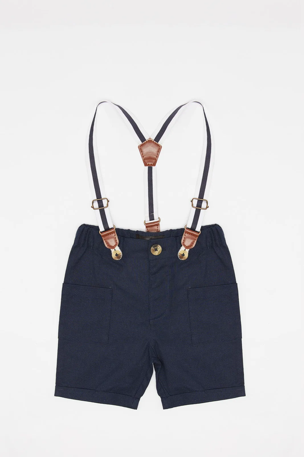 Infant Boys Navy And White Suspender Short Set (2 Piece)