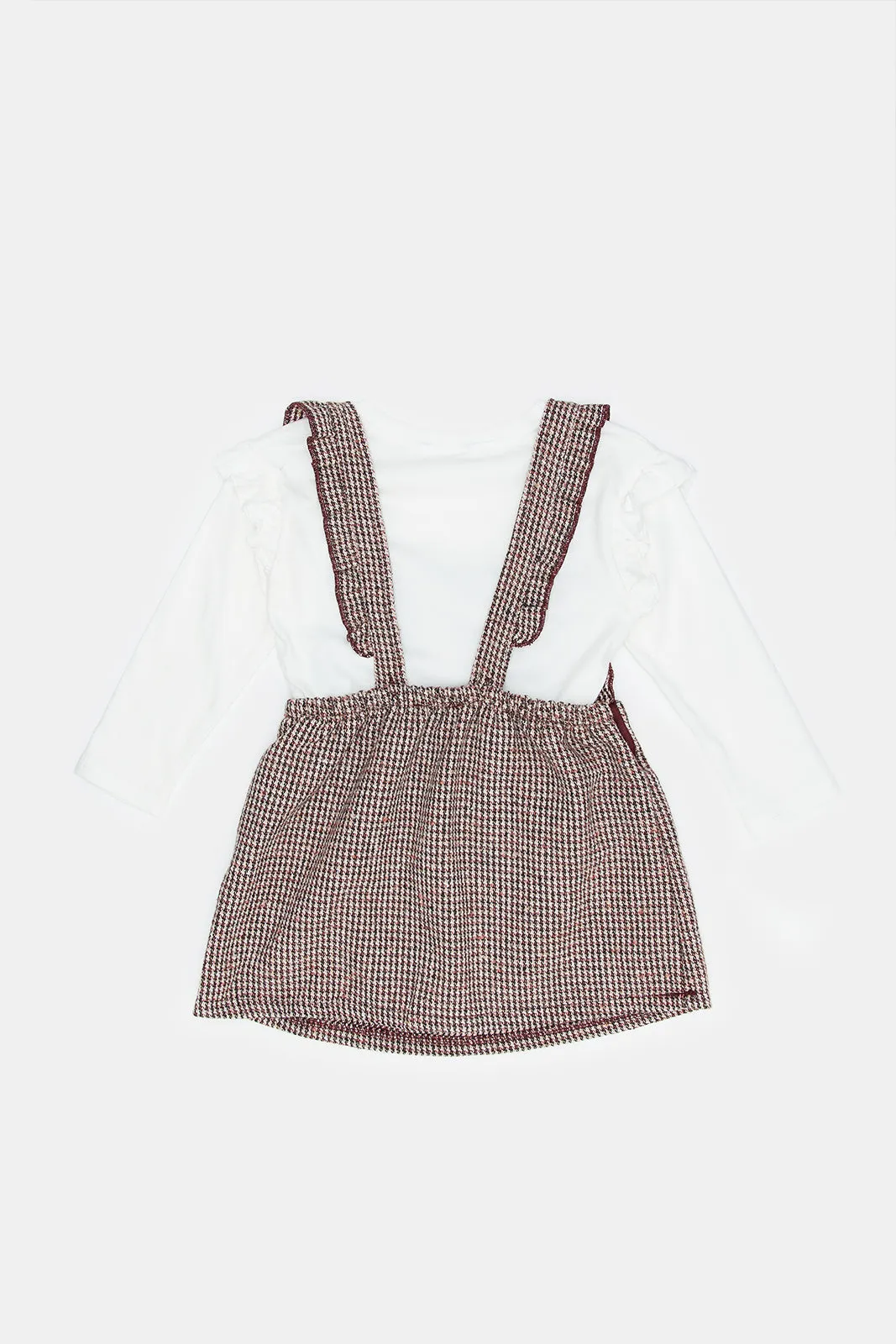 Infant Girls Beige Checkered Dungaree With Frilled T-Shirt (2 Piece)