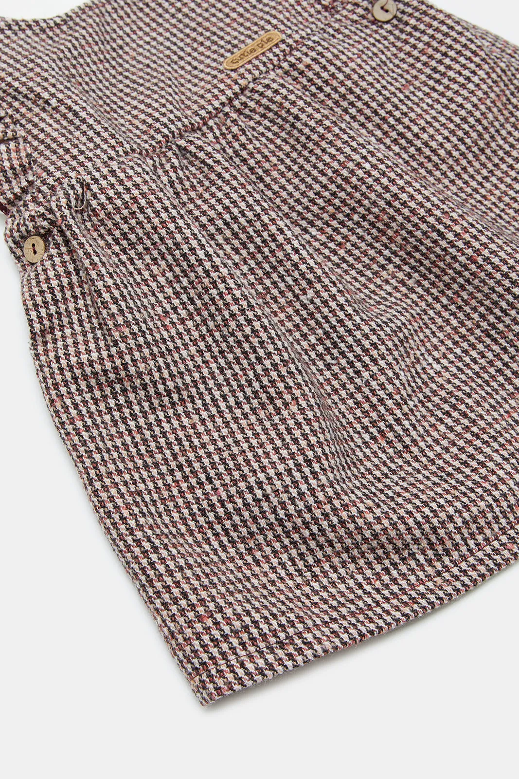 Infant Girls Beige Checkered Dungaree With Frilled T-Shirt (2 Piece)