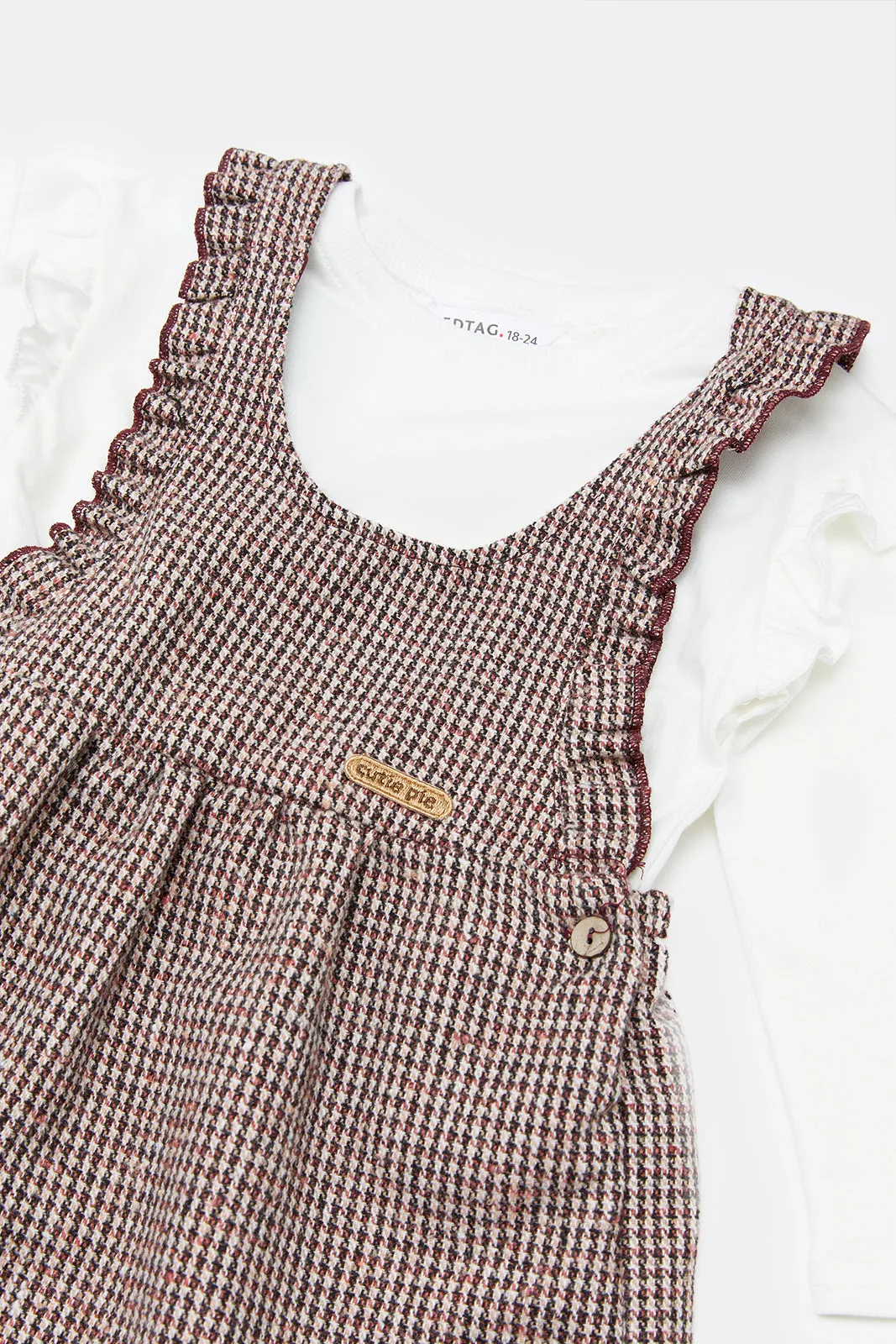 Infant Girls Beige Checkered Dungaree With Frilled T-Shirt (2 Piece)