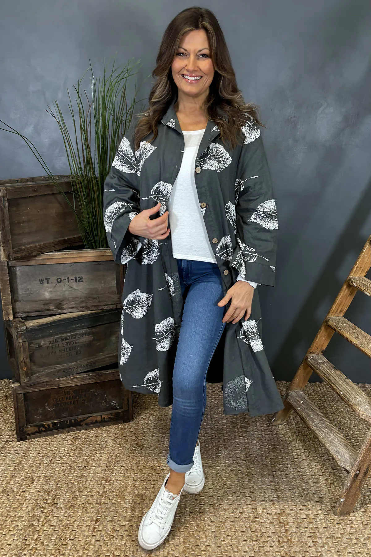 Irene Print Button Linen Tunic Charcoal
