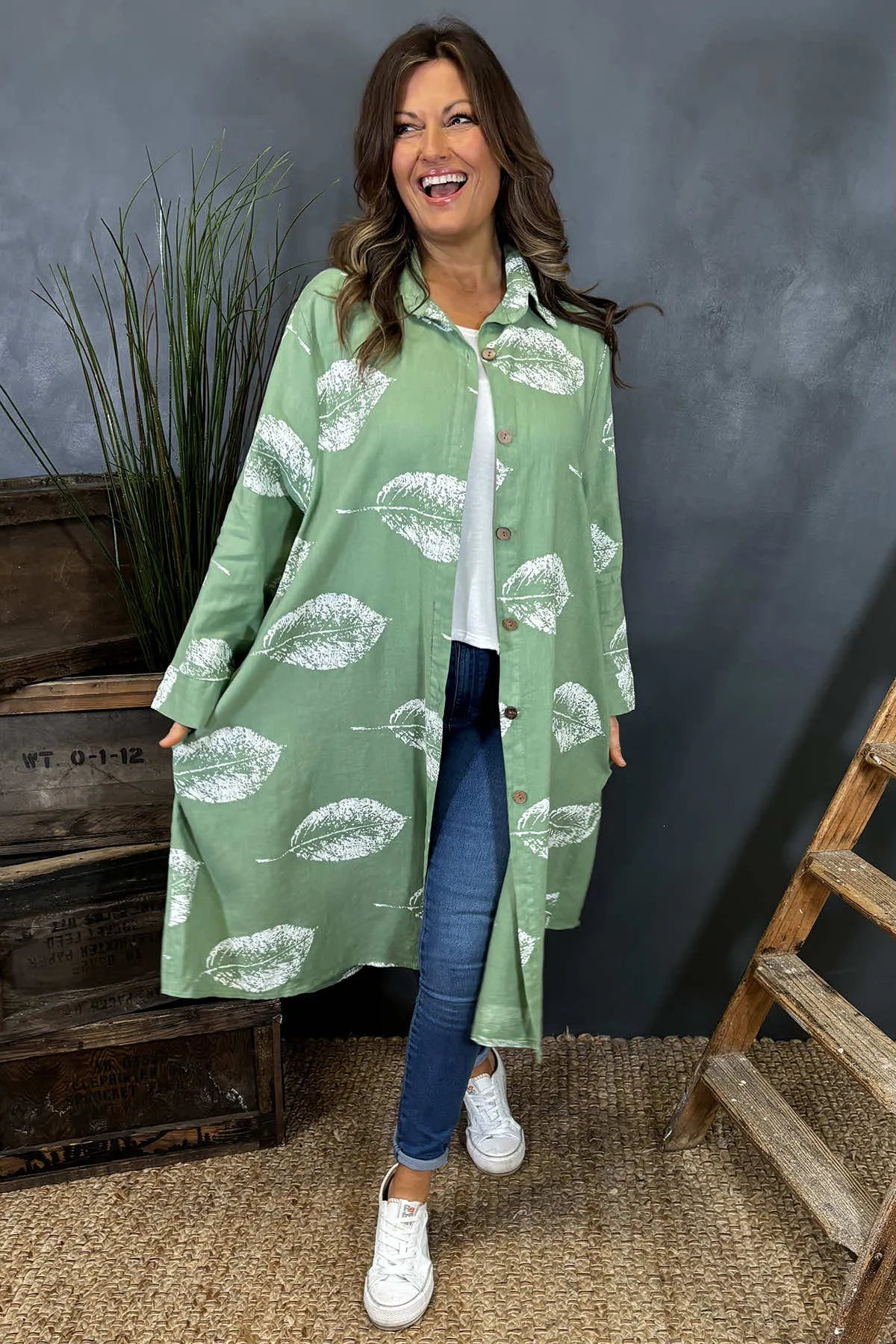 Irene Print Button Linen Tunic Green