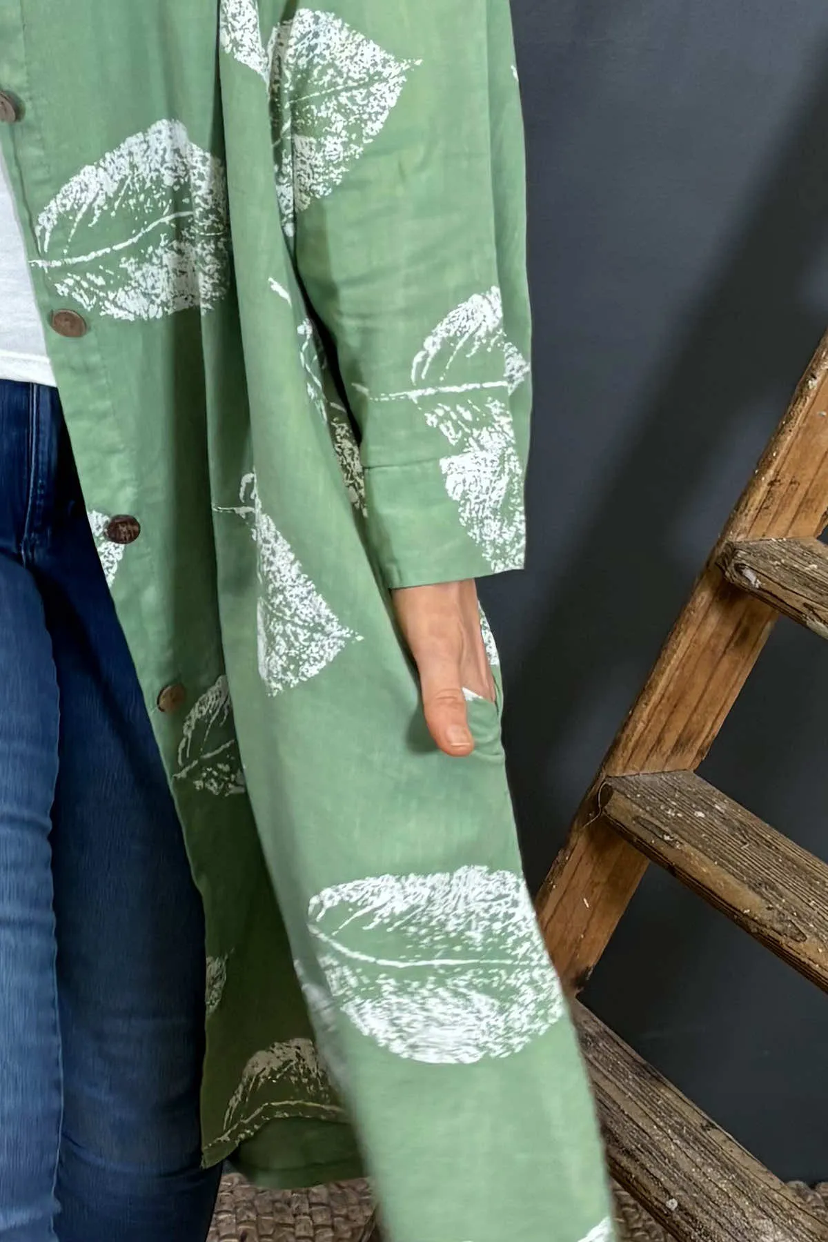 Irene Print Button Linen Tunic Green