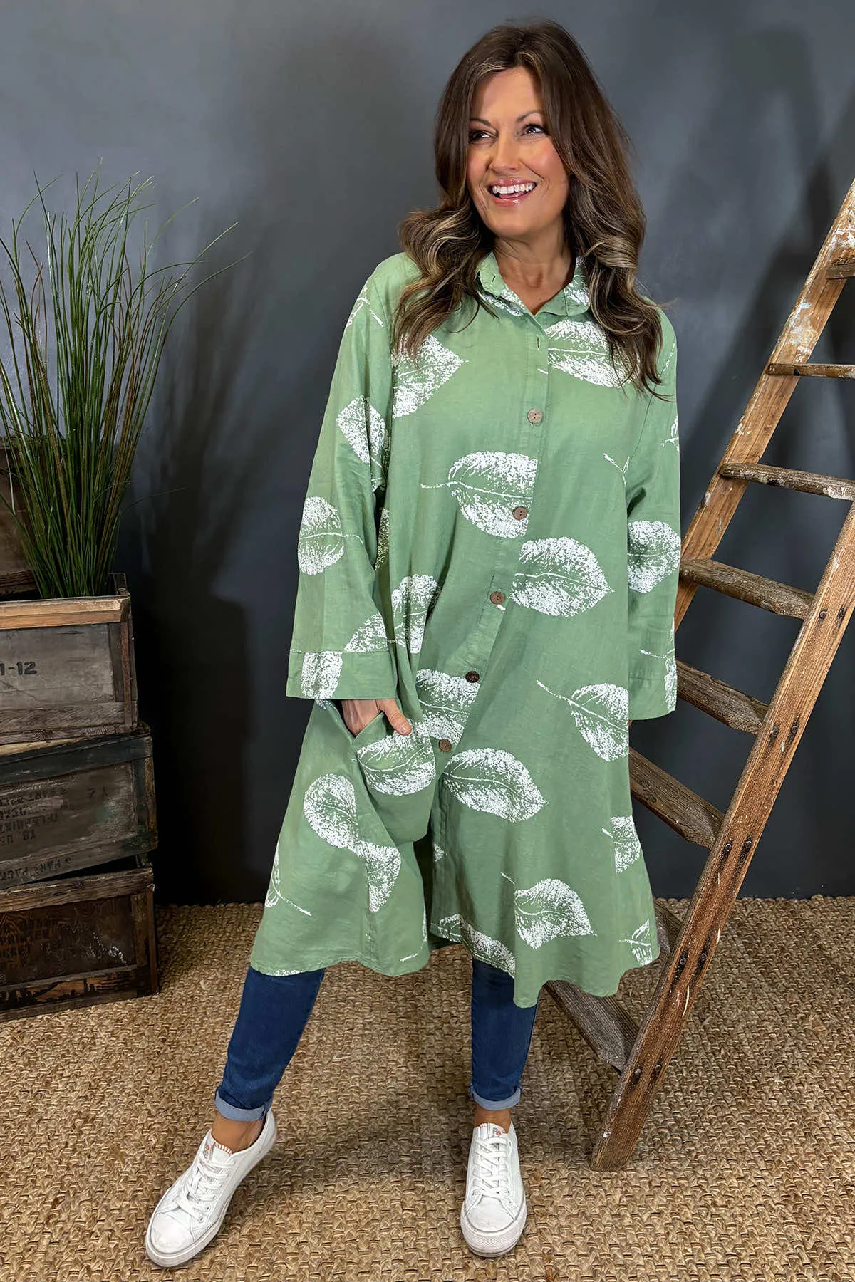 Irene Print Button Linen Tunic Green