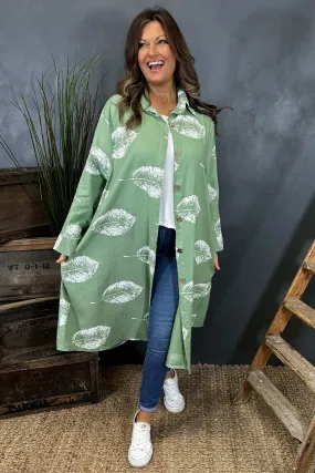 Irene Print Button Linen Tunic Green