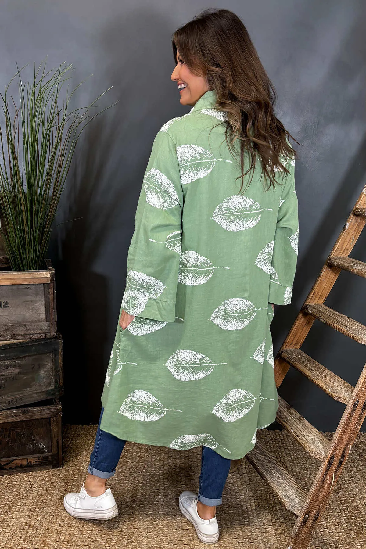 Irene Print Button Linen Tunic Green