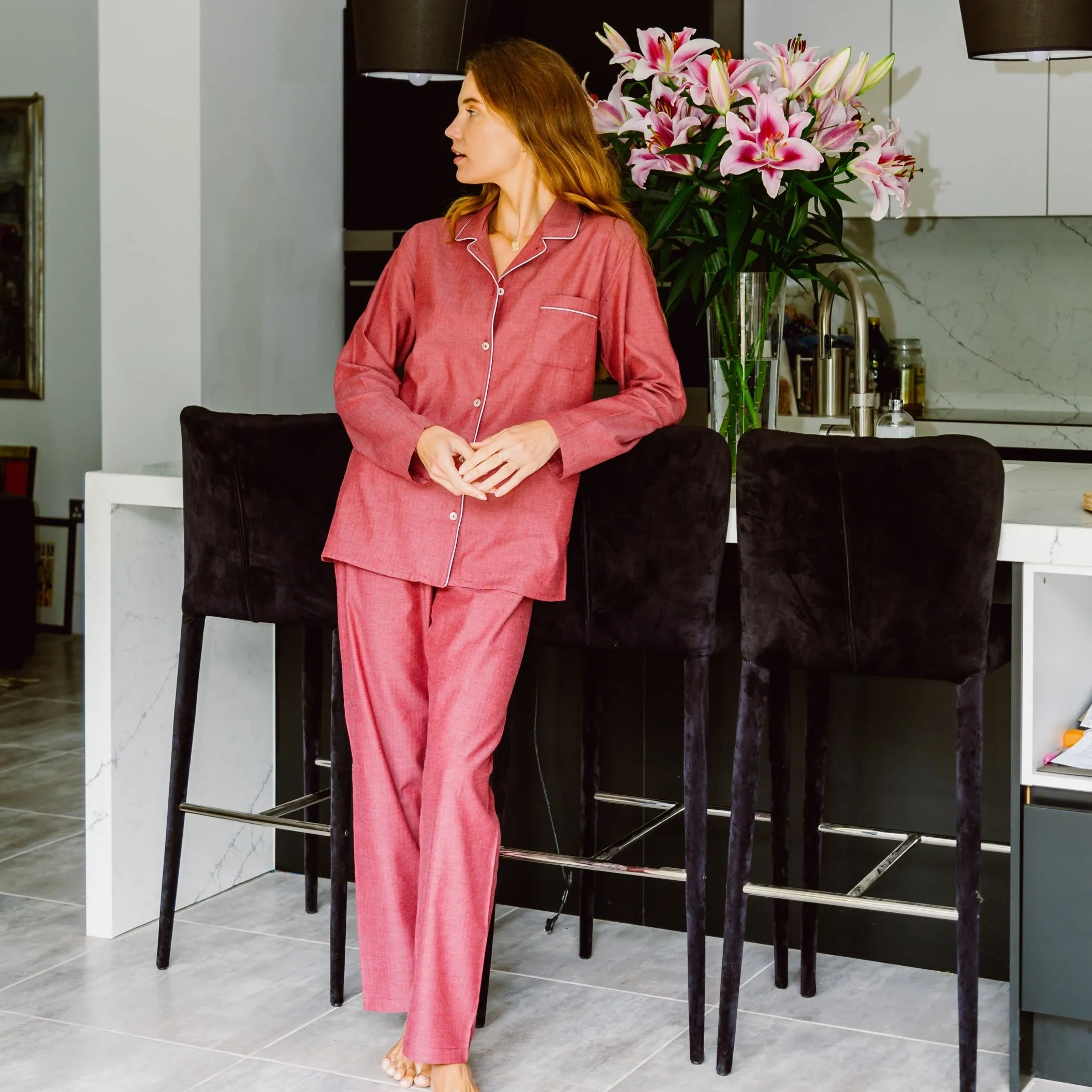Ladies Pyjamas Brushed Cotton Red - Russo